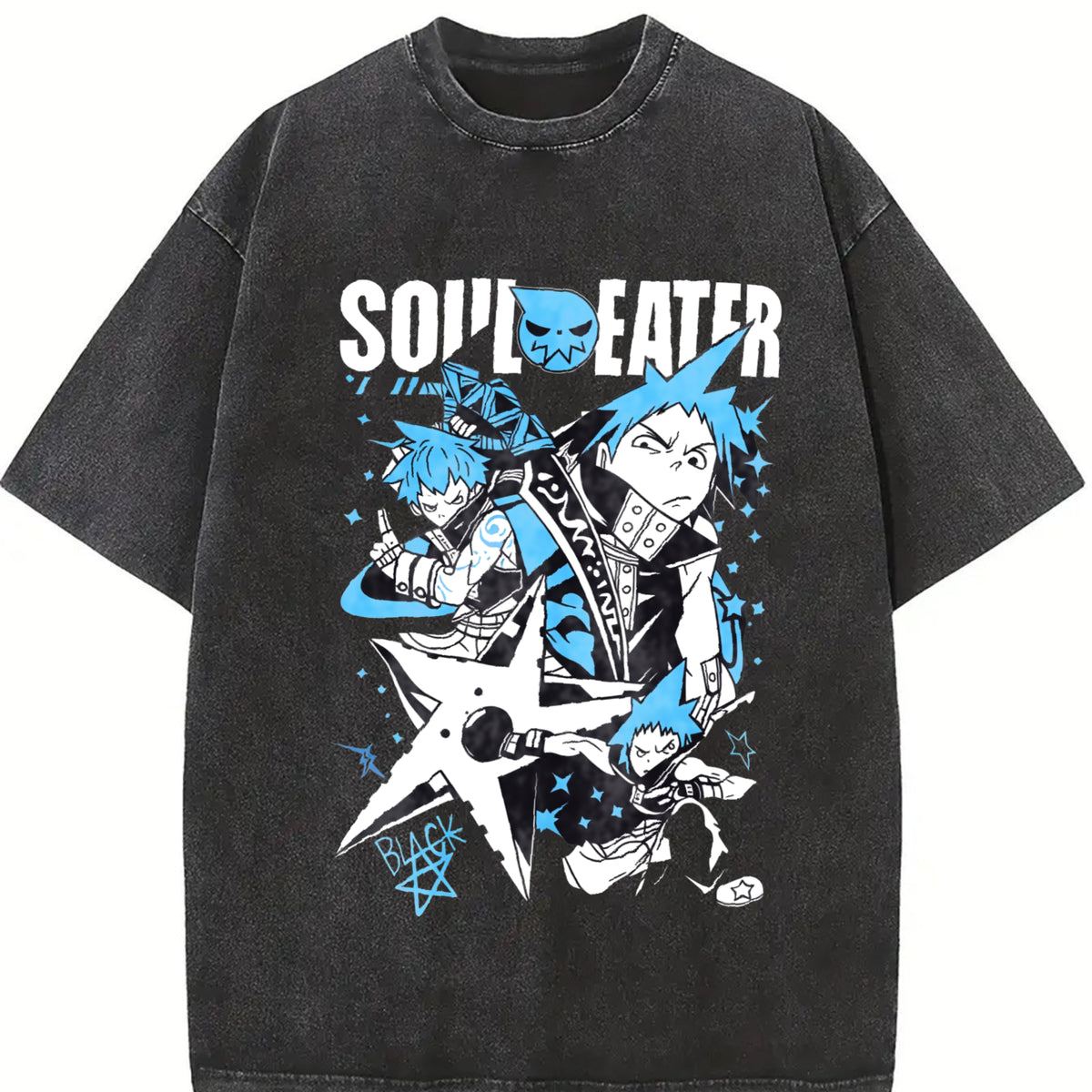 Japan Anime Soul Eater Black Star Printing Loose Harajuku vintage washed oversized T-shirt in Black
