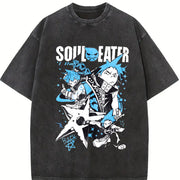 Japan Anime Soul Eater Black Star Printing Loose Harajuku vintage washed oversized T-shirt in Black