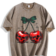 Heavy-duty Dark Grey with Red Cherries Vintage Washed T-Shirt in Brown