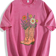 Cowgirl Boots Wildflowers Retro Western Country Girl vintage washed oversized T-shirt in Red