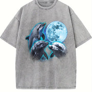 Three Dolphin Retro Dolphin Moon Vintage Washed T-Shirt in Gray