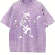 Rock Cat Guitar Playing Cat Vintage Washed T-Shirt in Purple