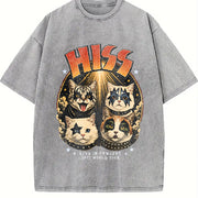 HISS Cat Band Retro Rock Concert Vintage Washed T-Shirt in Gray