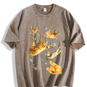 Cats in Galaxy Space Vintage Washed T-Shirt in Brown