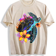 Sea Turtle Hawaiian Flowers Hawaii Scuba Diving Diver vintage washed oversized T-shirt in Beige