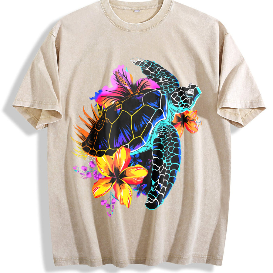 Sea Turtle Hawaiian Flowers Hawaii Scuba Diving Diver vintage washed oversized T-shirt in Beige