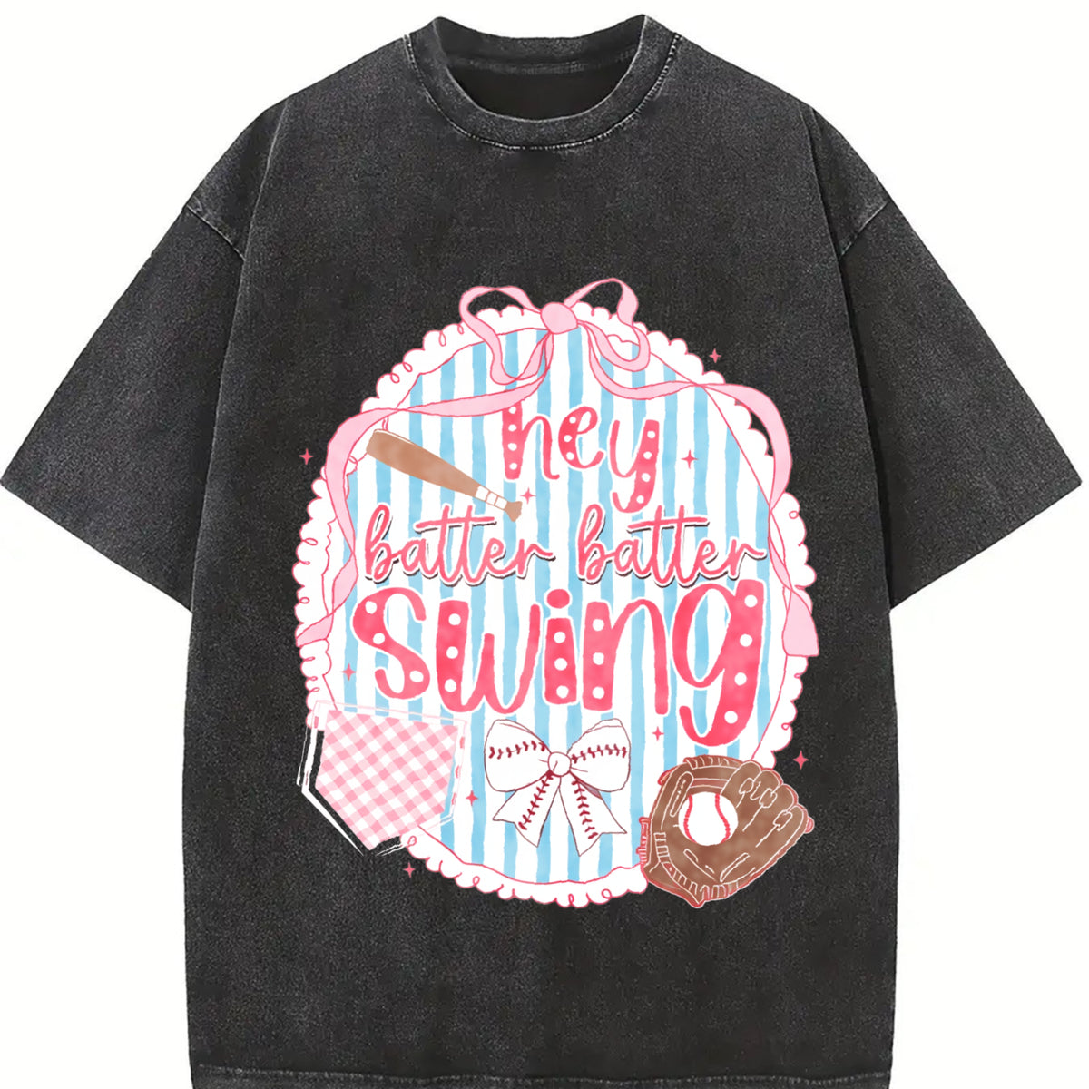 ZestLoop Preppy Baseball Bow Glitter Vintage Washed T-Shirt in Black