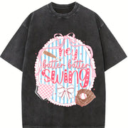 ZestLoop Preppy Baseball Bow Glitter Vintage Washed T-Shirt in Black