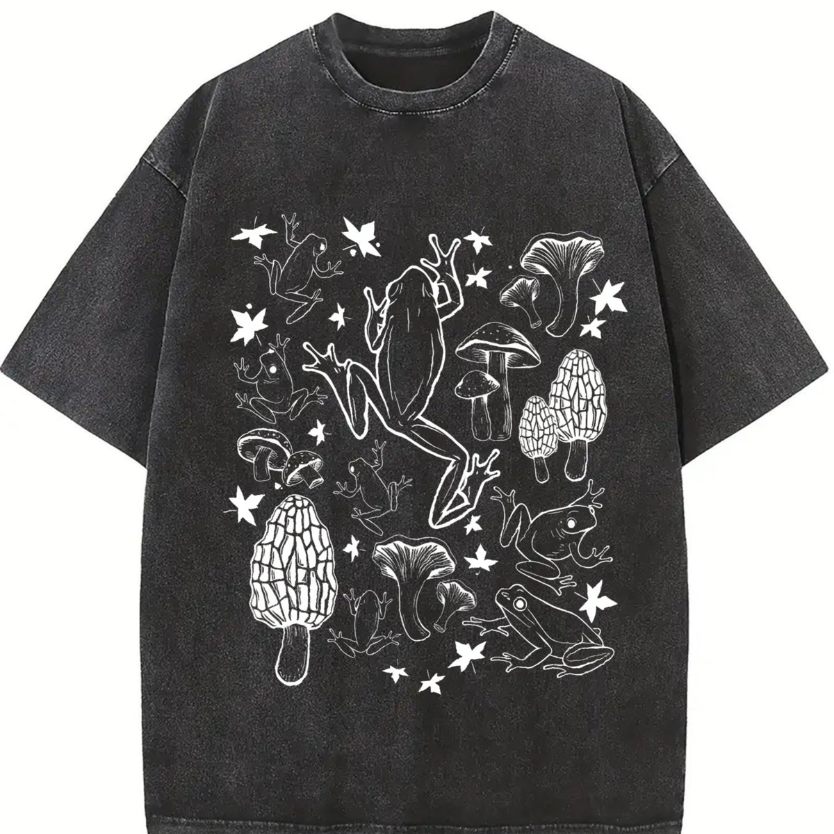 Frogs and Mushrooms Vintage Washed T-Shirt in Black
