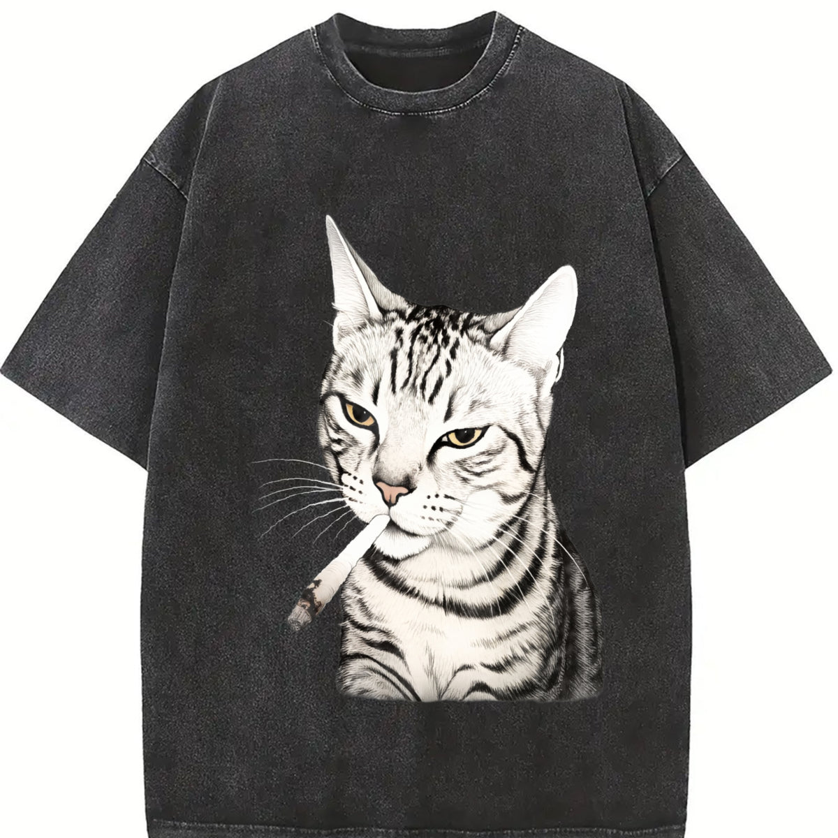 Cat Portrait Vintage Washed T-Shirt in Black