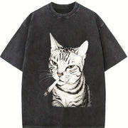 Cat Portrait Vintage Washed T-Shirt in Black