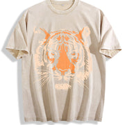 Tiger Face - Loose Beachwear Vintage Washed T-Shirt in Beige