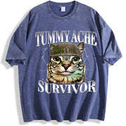 Tummy Ache Survivor Cat Meme Saying Cats Animals vintage washed oversized T-shirt in Blue