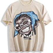 Hip Hop Cartoon Character Sleeveless Tank Vintage Washed T-Shirt in Beige