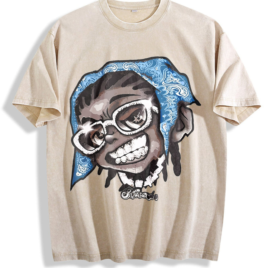 Hip Hop Cartoon Character Sleeveless Tank Vintage Washed T-Shirt in Beige
