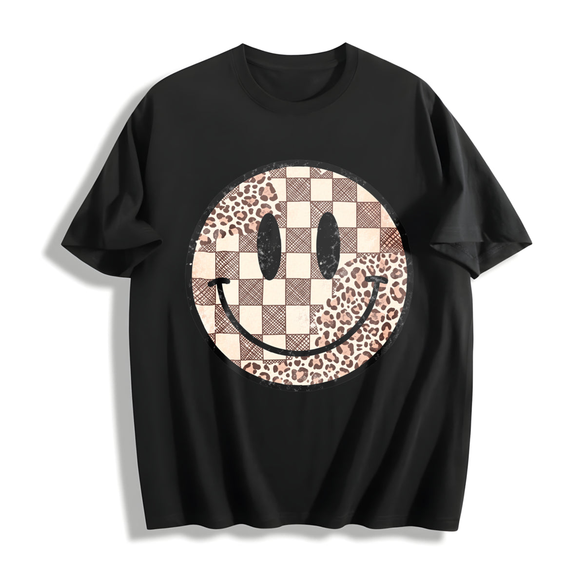 Retro Smiley Face Leopard Cotton T-Shirt in Black