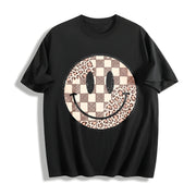 Retro Smiley Face Leopard Cotton T-Shirt in Black