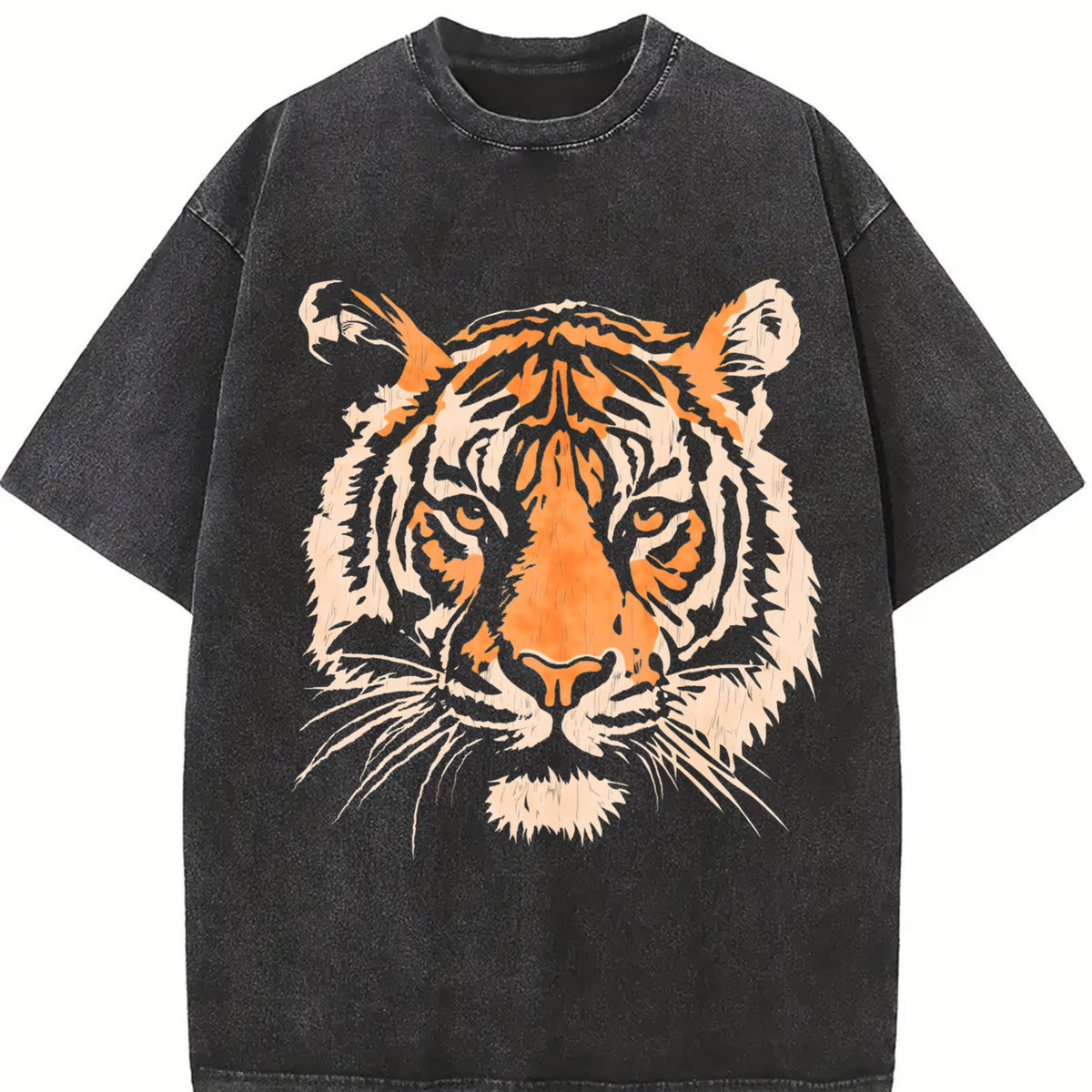 Tiger Face - Loose Beachwear Vintage Washed T-Shirt in Black