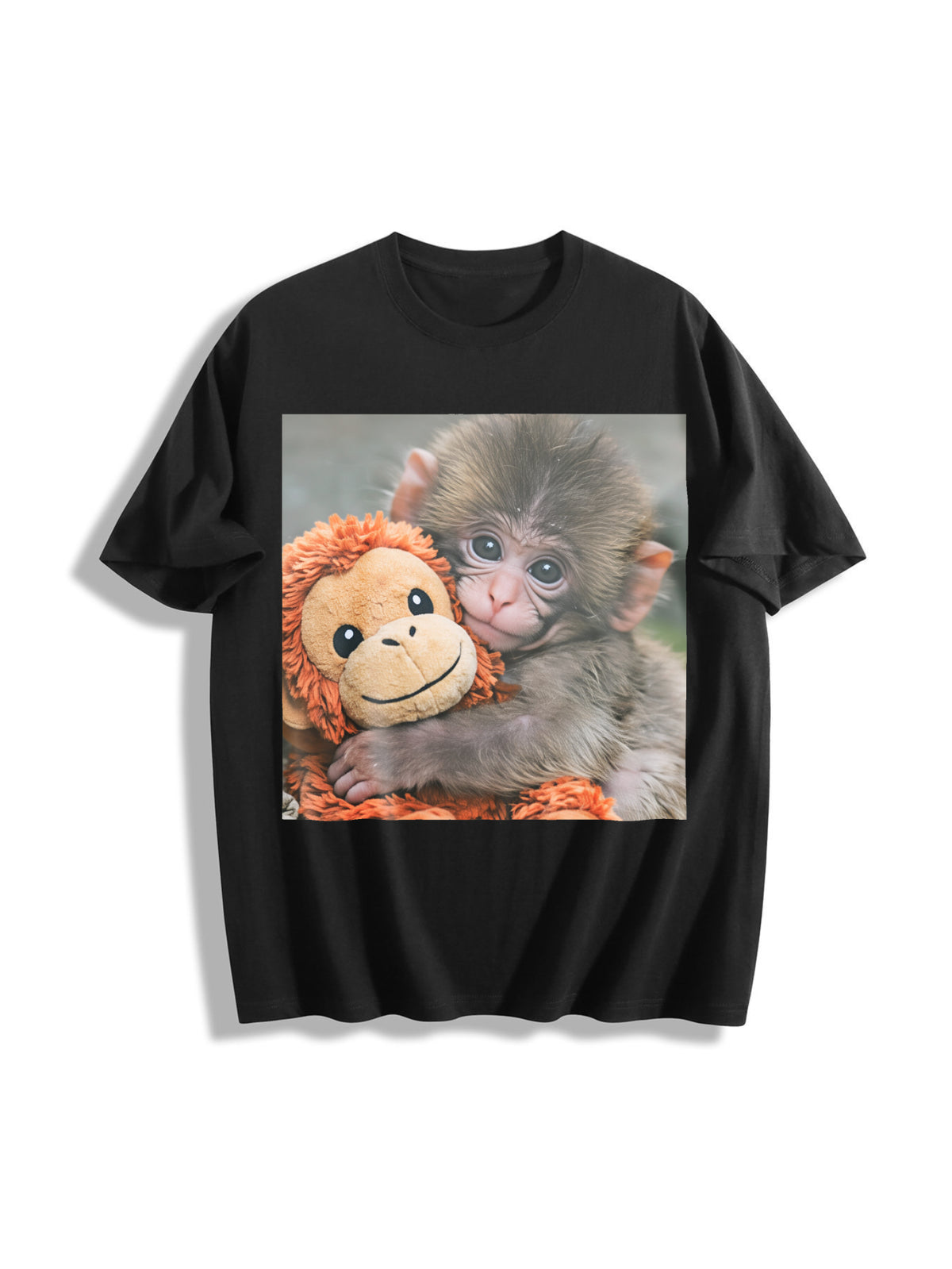 Cat with Monkey Plush Cotton T-Shirt in Black