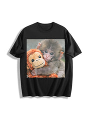 Cat with Monkey Plush Cotton T-Shirt in Black