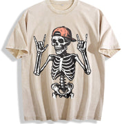 Rock and Roll Skeleton Vintage Washed T-Shirt in Beige