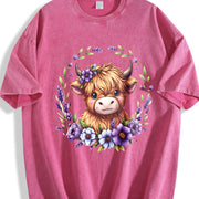 Baby Highland Cow With Purple Flowers Scottish Farm vintage washed oversized T-shirt in Red