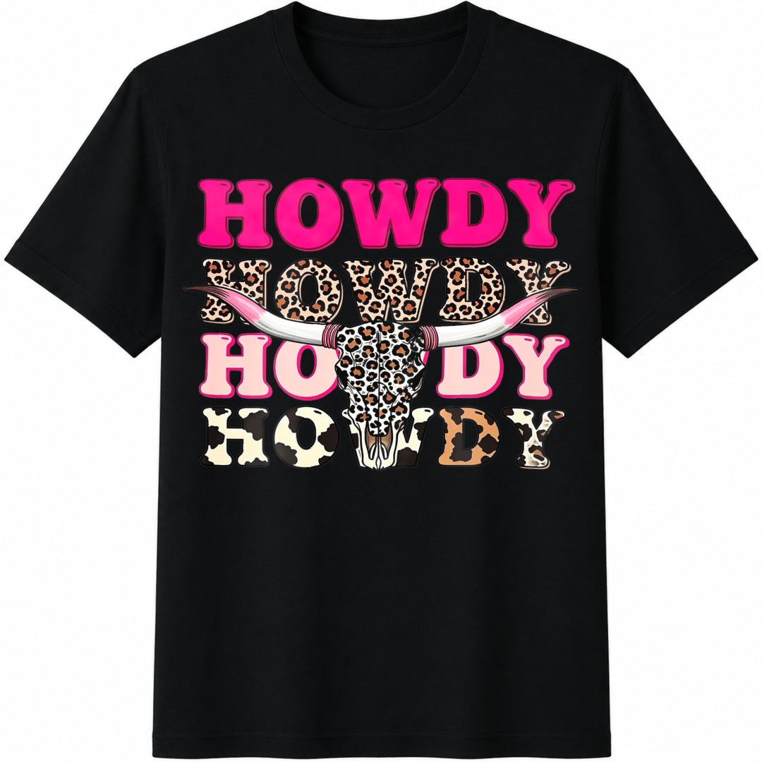 Howdy Cowgirl Leopard Bull Skull Cotton T-Shirt in Black