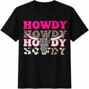 Howdy Cowgirl Leopard Bull Skull Cotton T-Shirt in Black