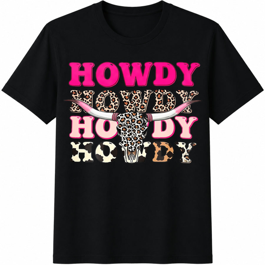 Howdy Cowgirl Leopard Bull Skull Cotton T-Shirt in Black