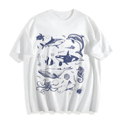 Sea Creatures 90s Tattoo Sea Animal Cotton T-Shirt in White