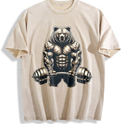 Bear Powerlifting Weightlifting Gym Workout Vintage Washed T-Shirt in Beige