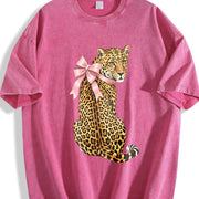 Pink Leopard with Bow Vintage Washed T-Shirt in Red