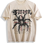 2 Piece Gothic Spider Cross Sleeveless Tank & Shorts Set Vintage Washed T-Shirt in Beige