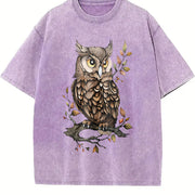 Animal Cartoon Owl 1pc Vintage Washed T-Shirt in Purple