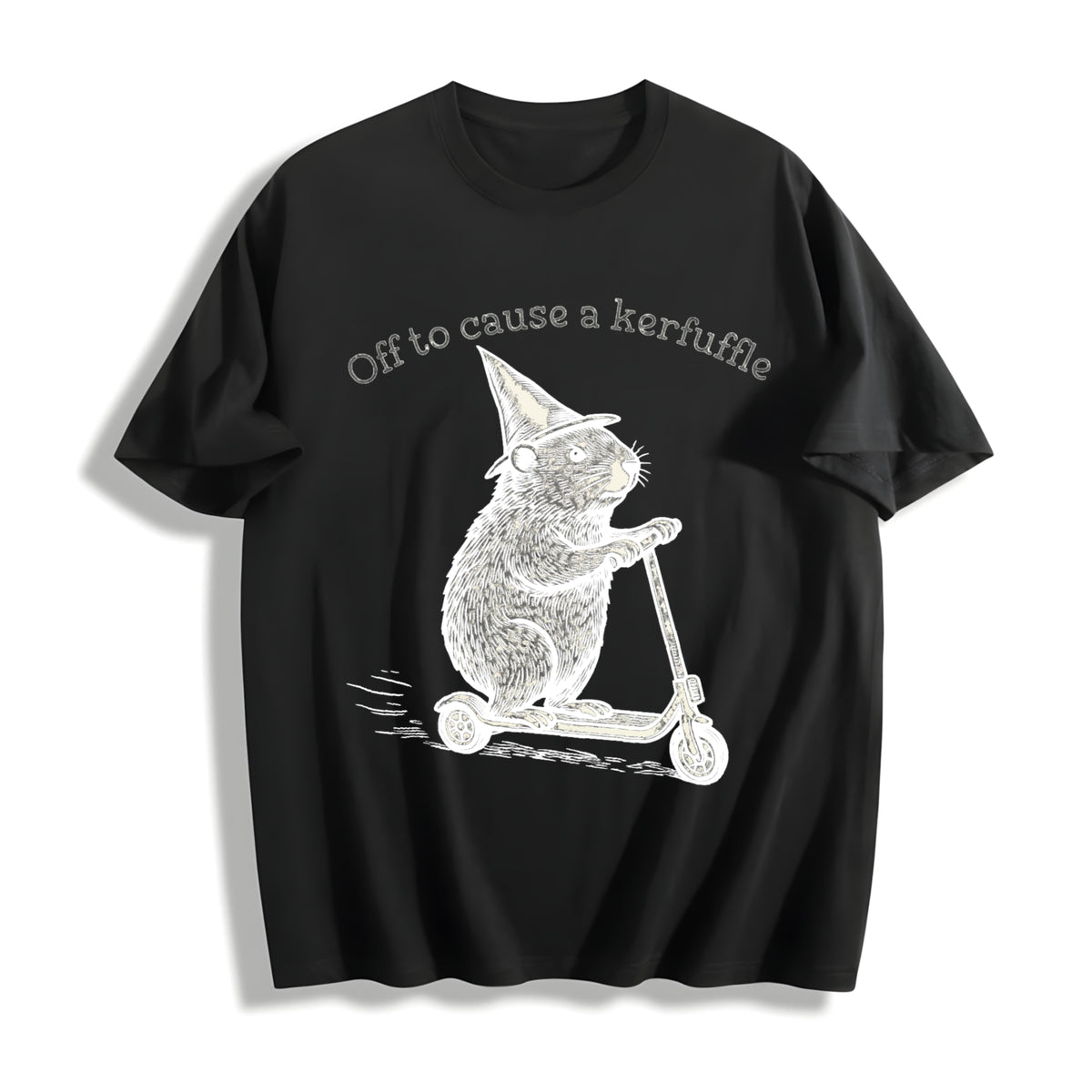 Off to Cause a Kerfuffle Groundhog Scooter Silly Animal Cotton T-Shirt in Black