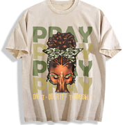 Pray on It Pray Over It Black Woman Afro Christian Sayings Vintage Washed T-Shirt in Beige