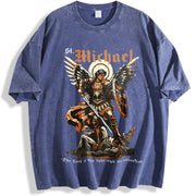230GSM Batik - Double-Sided Christian Faith with Michael vintage washed oversized T-shirt in Blue