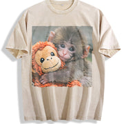 Cat with Monkey Plush Vintage Washed T-Shirt in Beige