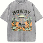 Howdy Ufo Western Cow Retro Cowboy 90s Desert Cactus Y2k Vintage Washed T-Shirt in Gray