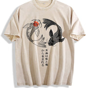 Japanese Koi Fish Yin Yang Sleeveless Tank Vintage Washed T-Shirt in Beige