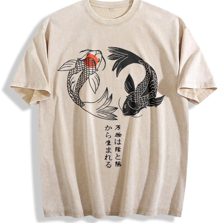 Japanese Koi Fish Yin Yang Sleeveless Tank Vintage Washed T-Shirt in Beige