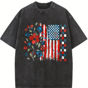 Floral American Flag Vintage Washed T-Shirt in Black