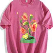 Abstract Tulips Vintage Washed T-Shirt in Red