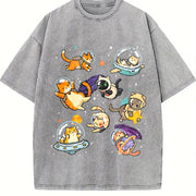Humor Galaxy- Cat Astronaut Cats in Space Vintage Washed T-Shirt in Gray