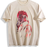 Ryomen Sukuna Jujutsu Kaisen Heavy Neon Red Anime vintage washed oversized T-shirt in Beige