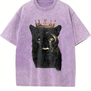 Black Wild Leopard with Crown 90s Vintage Washed T-Shirt in Purple