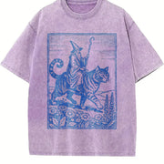 Wizard Cat Rider Retro Fantasy Vintage Washed T-Shirt in Purple