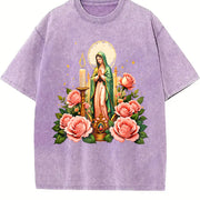 Mexican-inspired Our of Guadalupe & Pink Roses Vintage Washed T-Shirt in Purple