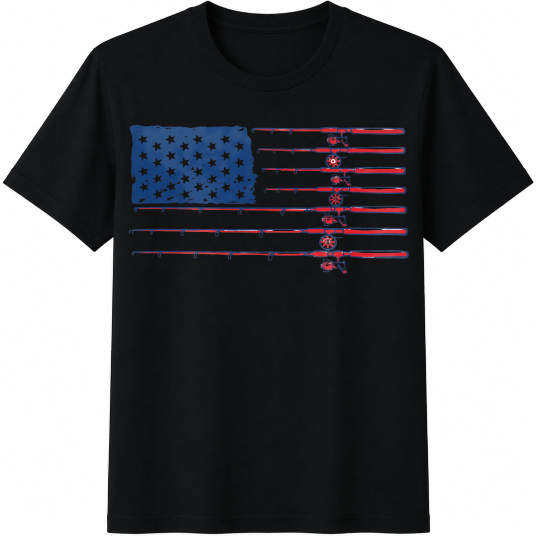 American Flag Fishing Rods Cotton T-Shirt in Black