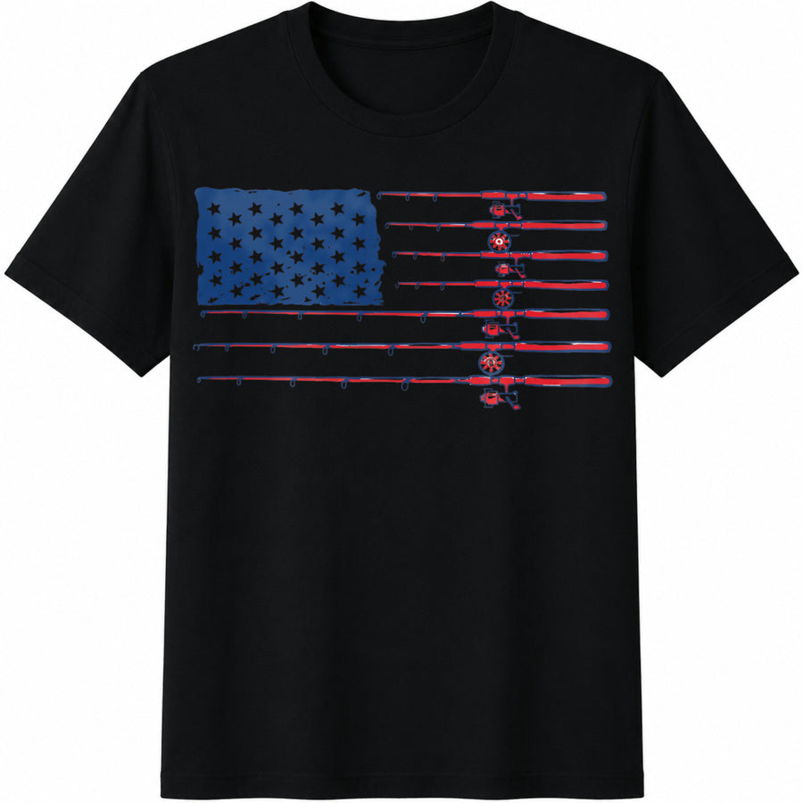 American Flag Fishing Rods Cotton T-Shirt in Black